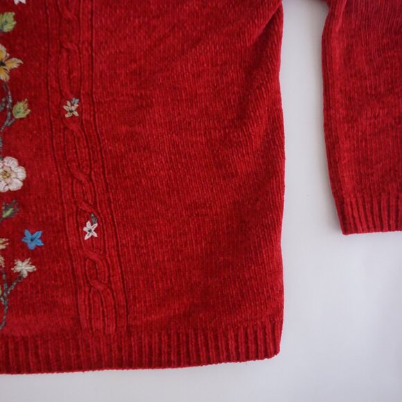 Vintage Alfred Dunner Red Floral Embroidered Chenille Knit Sweater Grandmacore L - Picture 5 of 9